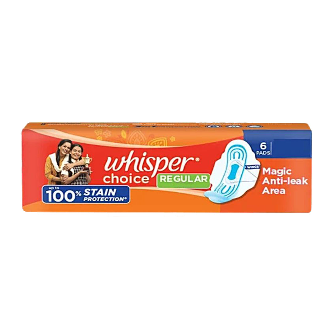 Whisper Choice Sanitary Pads - With Wings, 100% Stain Protection, Regular, 6 Pcs