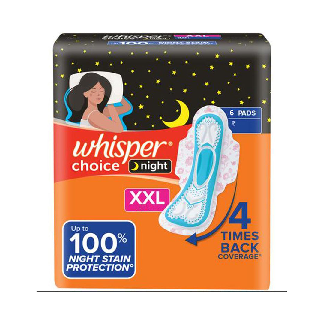 Whisper Choice Night Sanitary Pads - XXL, Up To 100% Stain Protection, 6 pcs
