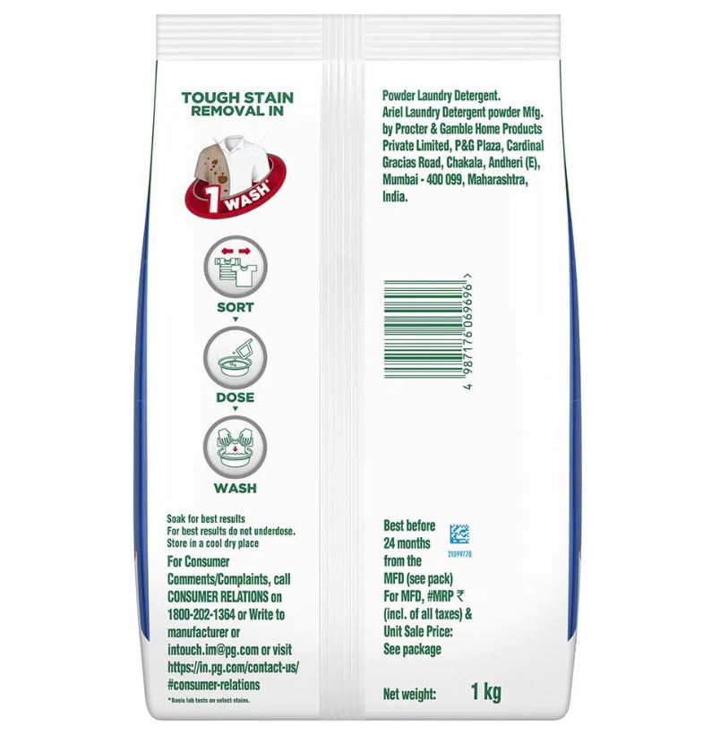 Ariel Complete Detergent Powder - Removes 100 Tough Stains, 1 kg