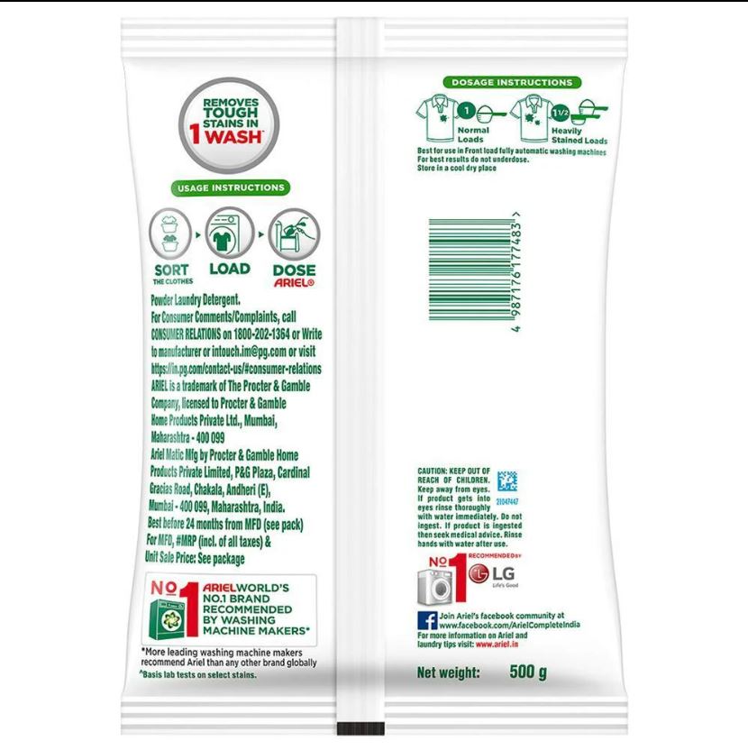 Ariel Matic Detergent Powder Front Load - Stain Removal In Washing Machine, 500 g