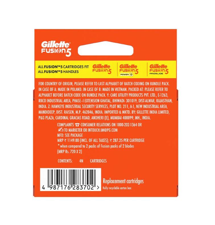 Gillette Fusion 5 Manual Shaving Blades for men, (Pack of 4 Cartridges)