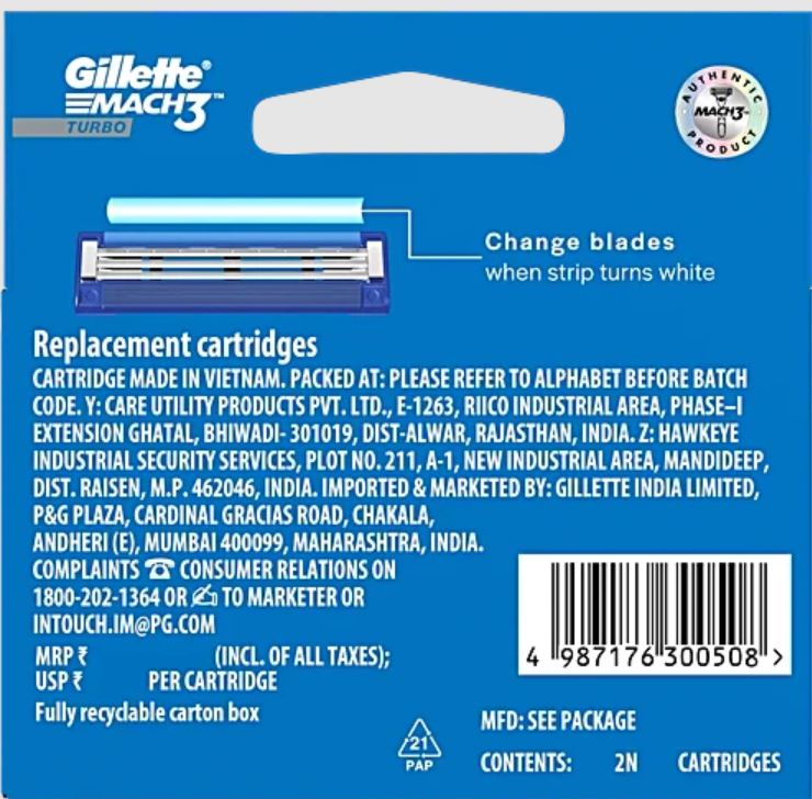 Gillette Mach3 Turbo Shaving Razor Cartridges, 2 pcs