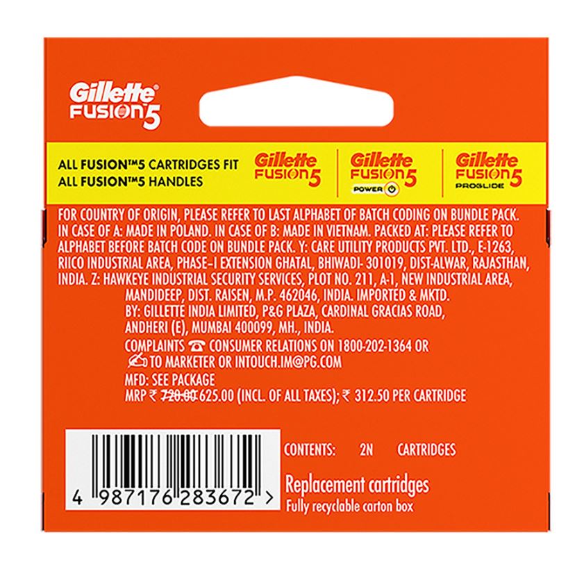 Gillette Fusion 5 Manual Shaving Blades for men, (Pack of 2 Cartridges)