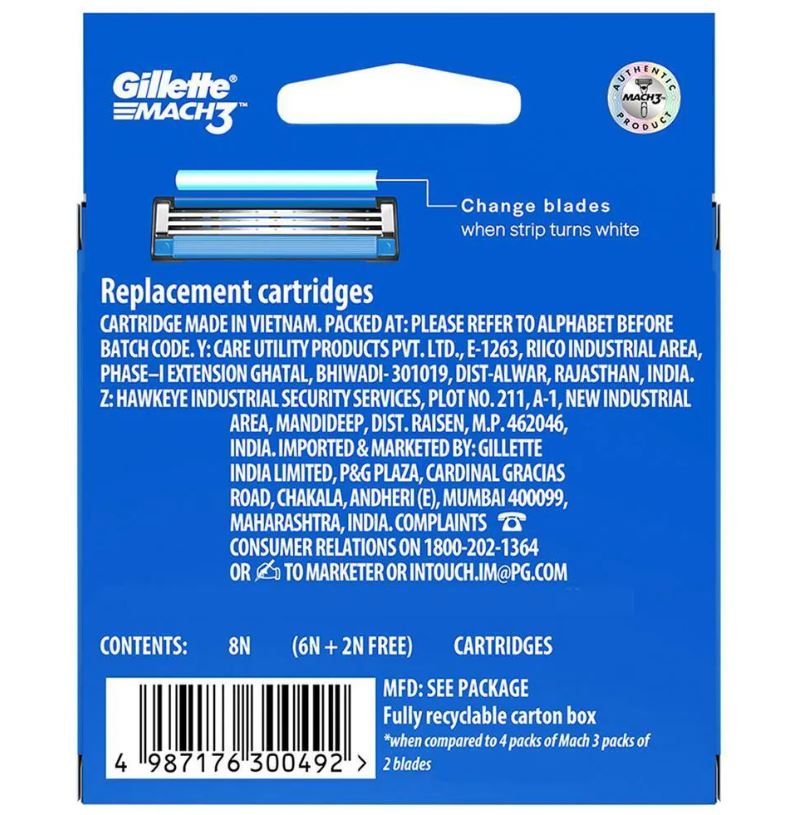 Gillette Mach 3 - Manual Shaving Razor Blades Cartridge, 8 pcs