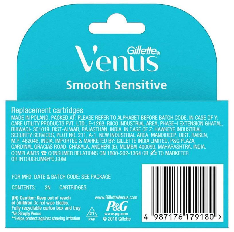 Gillette Venus Smooth Razor Blades - With Aloe Vera Extracts, For Women, 2 pcs