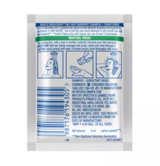 Head & Shoulders Cool Menthol 2 in 1 Anti-Dandruff Shampoo + Conditioner, 8 ml