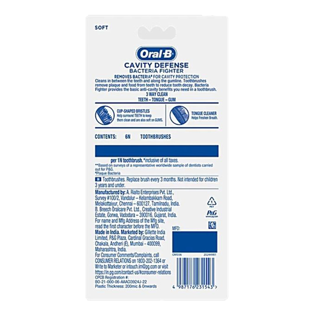 Oral-B Bacteria Fighter Cavity Defense Tooth Brush, 6 pcs