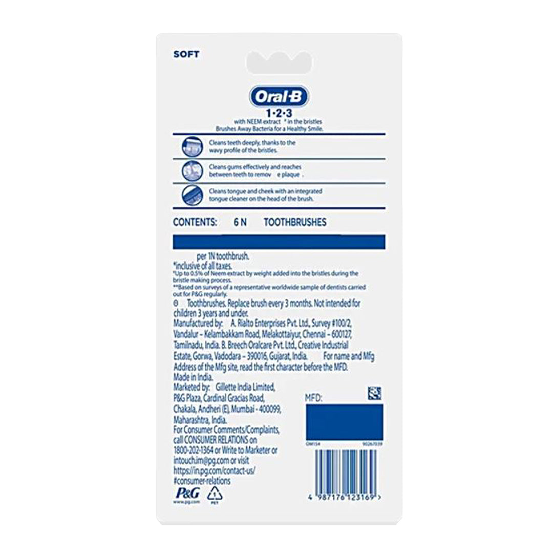 Oral-B Toothbrushes - Soft bristles, With Neem Extract, Gentle On Gums, 6 pcs