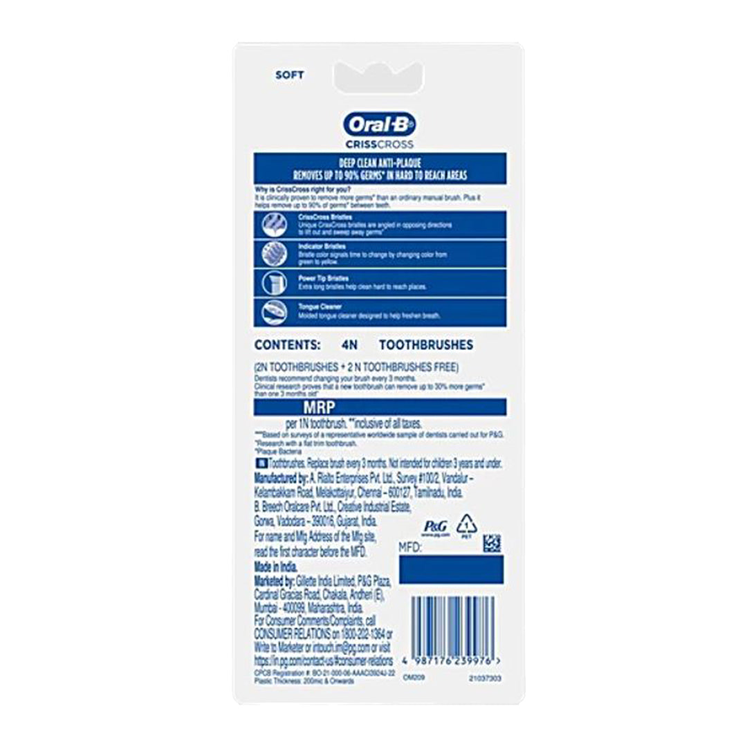 Oral-B Criss Cross Toothbrush - Soft, Anti-Plaque, Removes Up To 90% Germs, Family Pack, 4 pcs