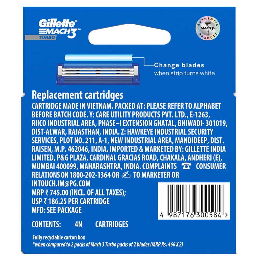 Gillette Mach3 Turbo Shaving Razor Cartridges, 4 pcs