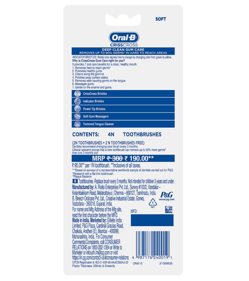 Oral-B Criss Cross Soft Toothbrush, Buy 2 Get 2 Free