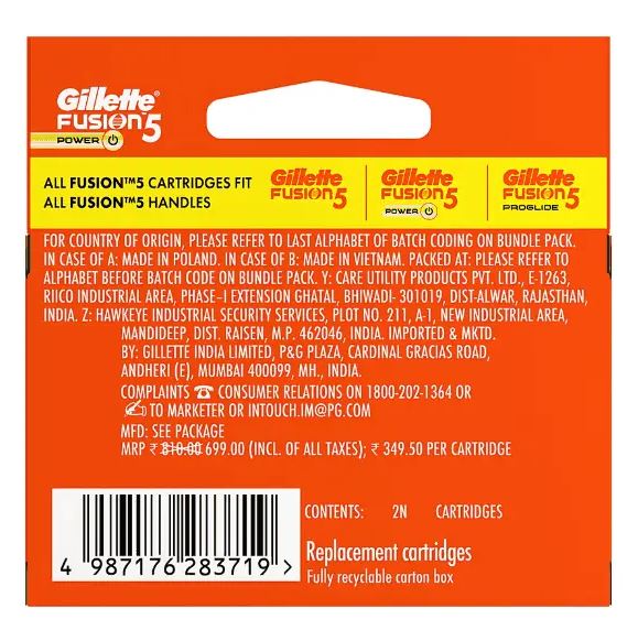 Gillette Fusion 5 Power Razor Cartridges - For Men, (Pack of 2 Cartridges)