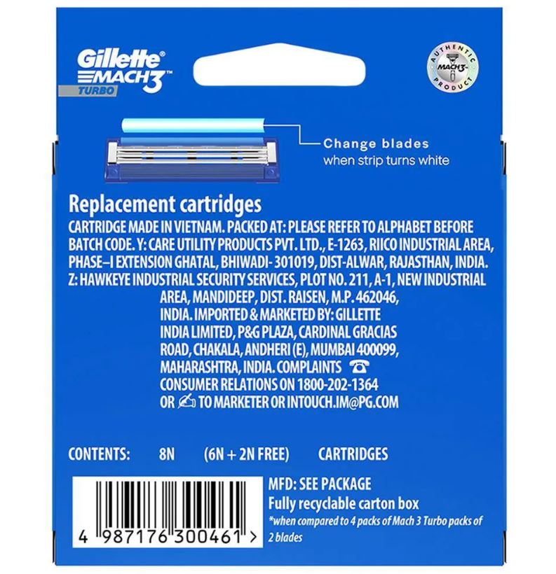 Gillette Mach3 Turbo Shaving Razor Cartridges, 6+2 pcs