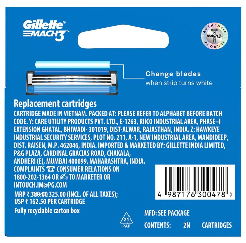 Gillette Mach3 Shaving Razor Cartridges, 2 pcs