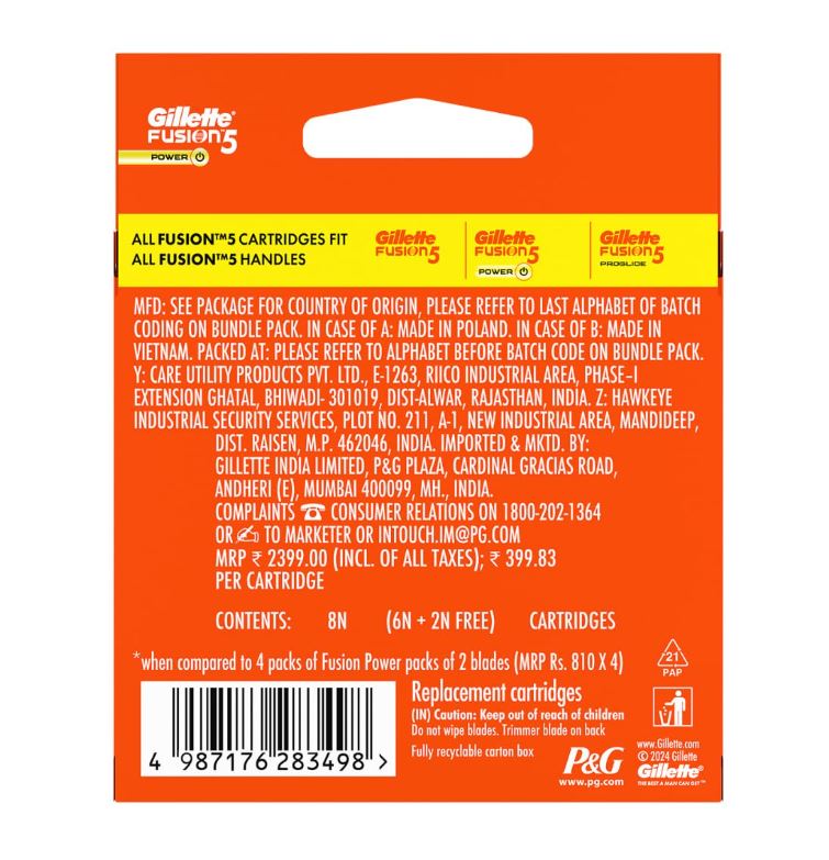 Gillette Fusion 5 Power Razor Cartridges - For Men, (Pack of 8 Cartridges)
