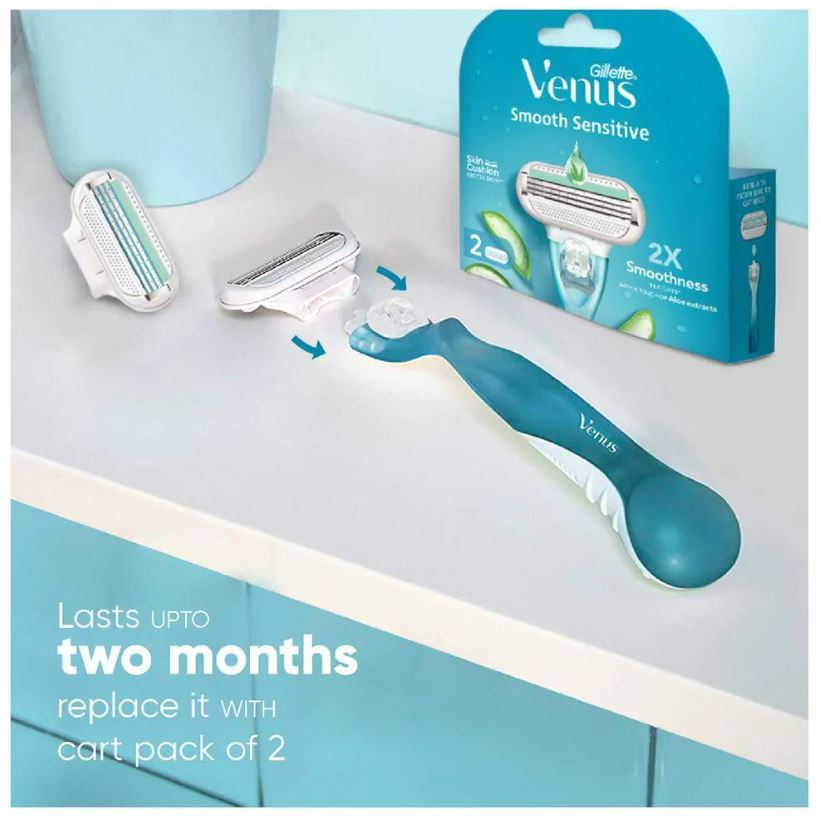 Gillette Venus Smooth Razor Blades - With Aloe Vera Extracts, For Women, 2 pcs