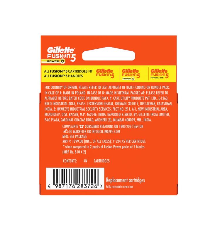Gillette Fusion 5 Power Razor Cartridges - For Men, (Pack of 4 Cartridges)