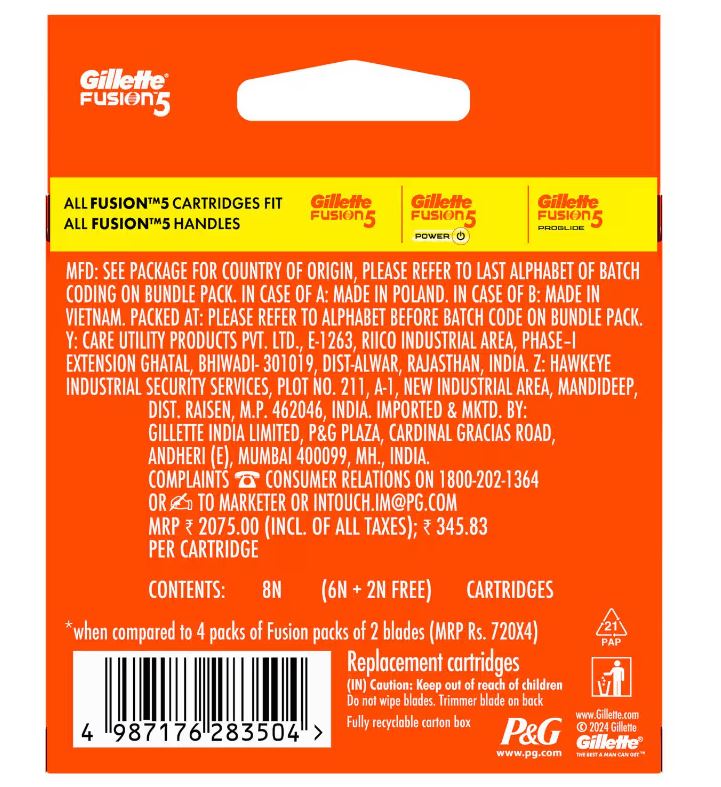 Gillette Fusion 5 Manual Shaving Blades for men, (Pack of 8 Cartridges)