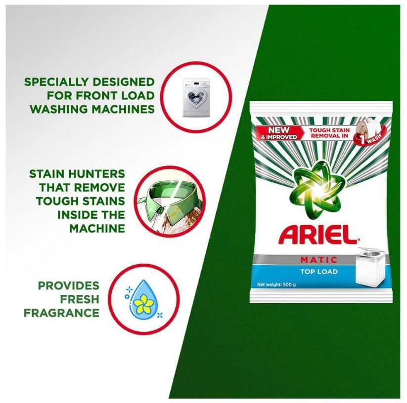 Ariel Matic Detergent Powder Top Load - Stain Removal In Washing Machine, 500 g
