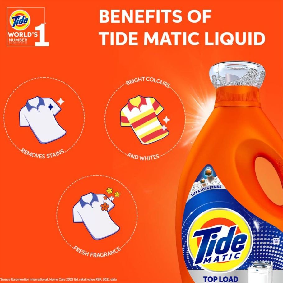 Tide Matic Liquid Detergent Top Load - Stain Removal In Washing Machine, 850 ml Bottel