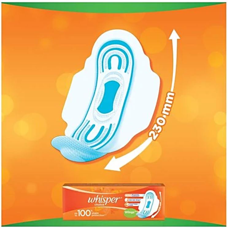 Whisper Choice Sanitary Pads - With Wings, 100% Stain Protection, Regular, 6 Pcs