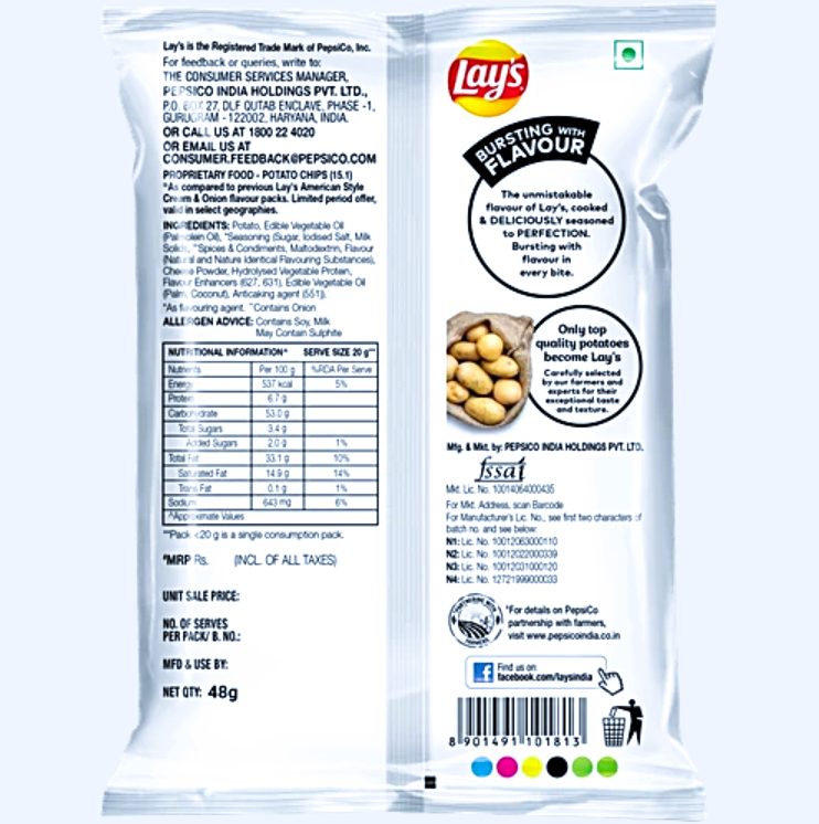 Lay's American Style Cream & Onion Flavour Potato Chips, 27.5 g