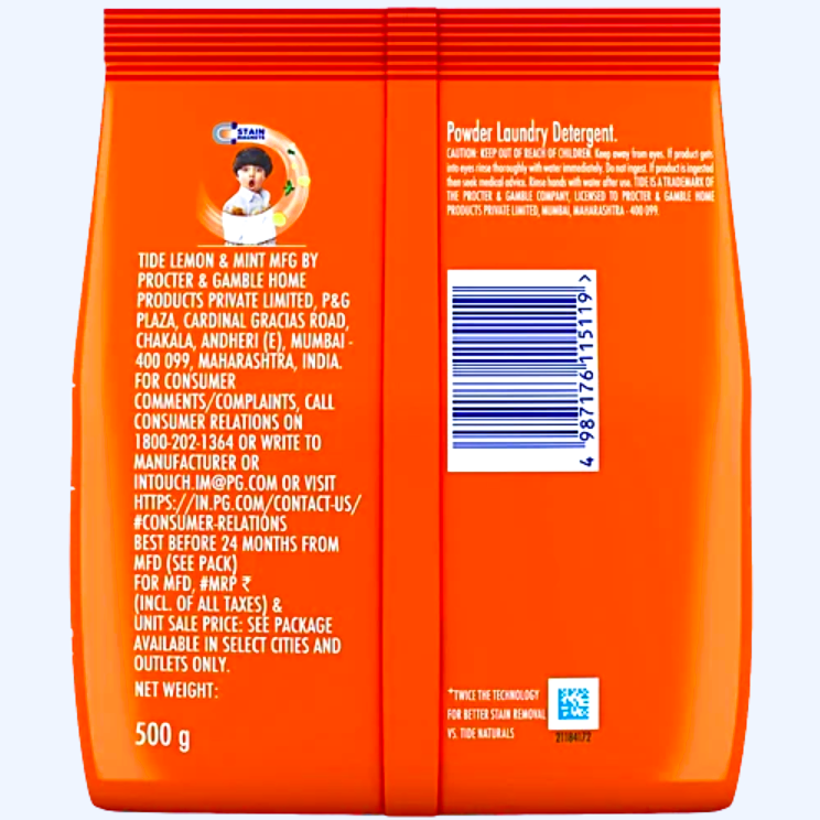 Tide Plus Detergent Washing Powder - Lemon & Mint, 500 g Pouch