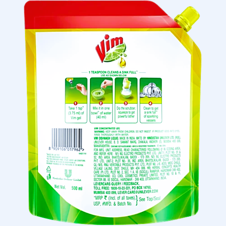 Vim Lemon Dishwash Liquid Gel 500 ml pouch