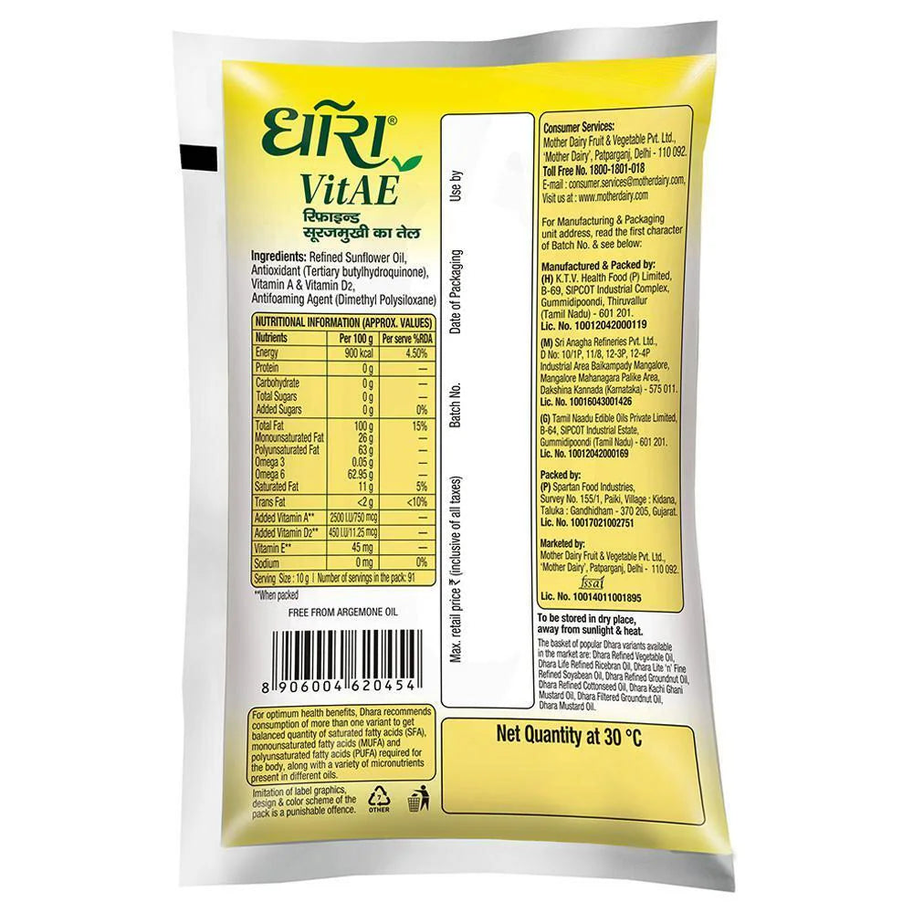 Dhara VitAE Refined Sunflower Oil, 840 g
