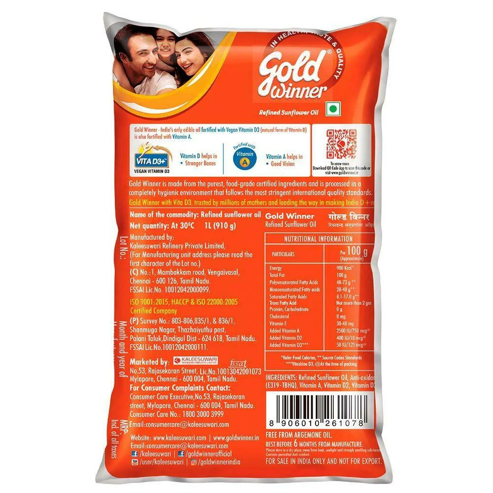 Gold Winner Refined Sunflower Oil, 1 L Pouch