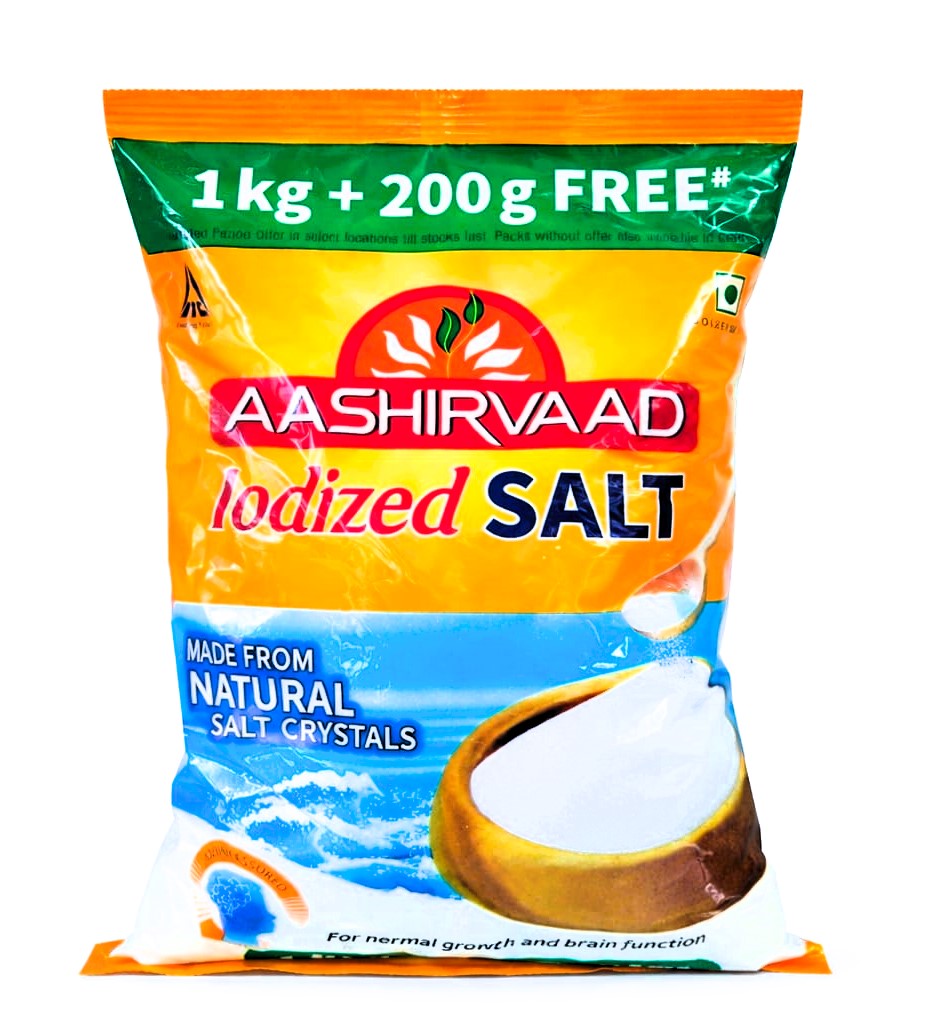 Aashirvaad Salt/Uppu - Iodised, 1 kg + 200 g Free Pouch