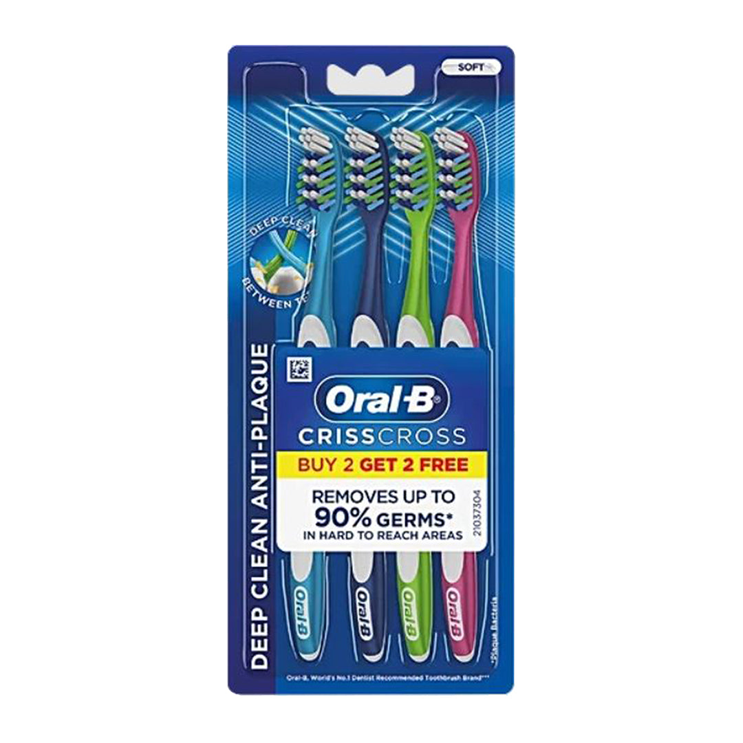 Oral-B Criss Cross Toothbrush - Soft, Anti-Plaque, Removes Up To 90% Germs, Family Pack, 4 pcs