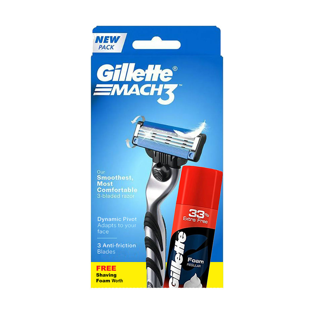Gillette Gillette Mach 3 Manual Shaving Razor 1 pc + Pre-Shave Foam Classic 50 g, Bb Combo 2 Items