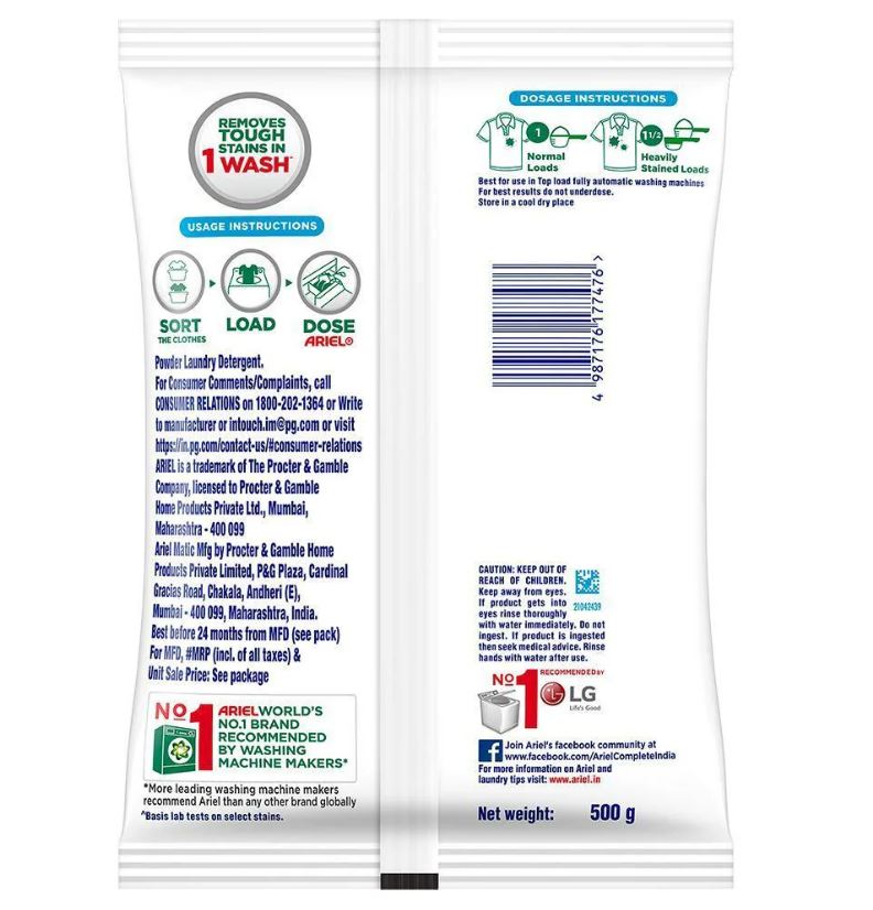 Ariel Matic Detergent Powder Top Load - Stain Removal In Washing Machine, 500 g