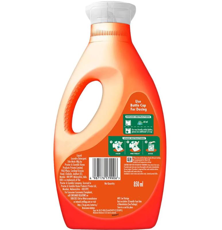 Tide Matic Liquid Laundry Detergent (Front load), 850ml Bottel