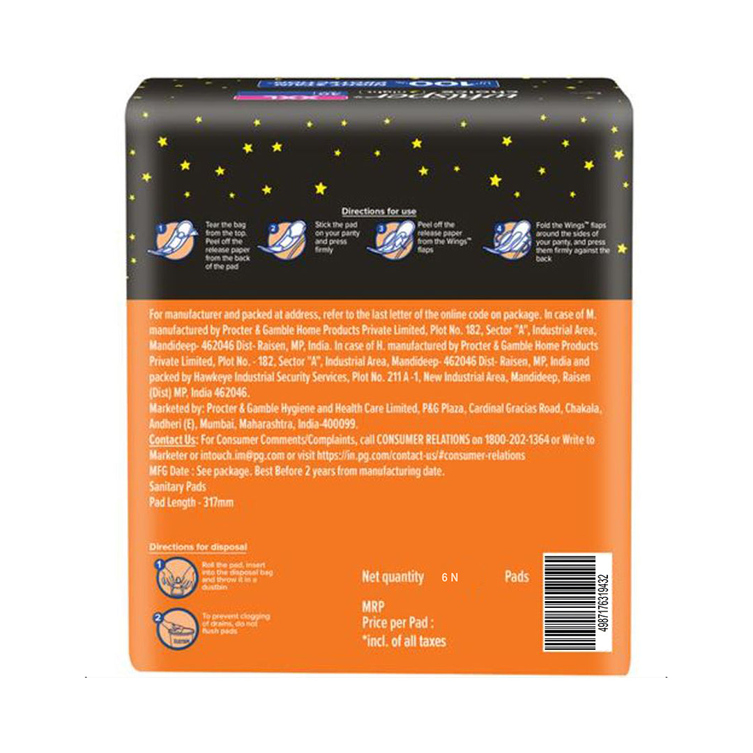 Whisper Choice Night Sanitary Pads - XXL, Up To 100% Stain Protection, 6 pcs