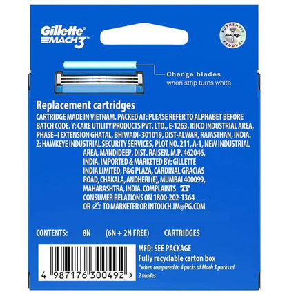 Gillette Mach 3 - Manual Shaving Razor Blades Cartridge, 8 pcs