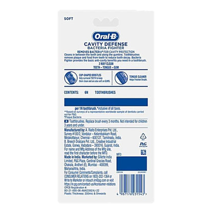 Oral-B Bacteria Fighter Cavity Defense Tooth Brush, 6 pcs