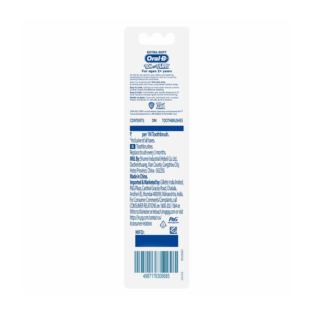 Oral-B Kids Toothbrush - Tom & Jerry, Extra Soft Bristles, Easy To Hold Handle, 2+ Years, 3 pcs