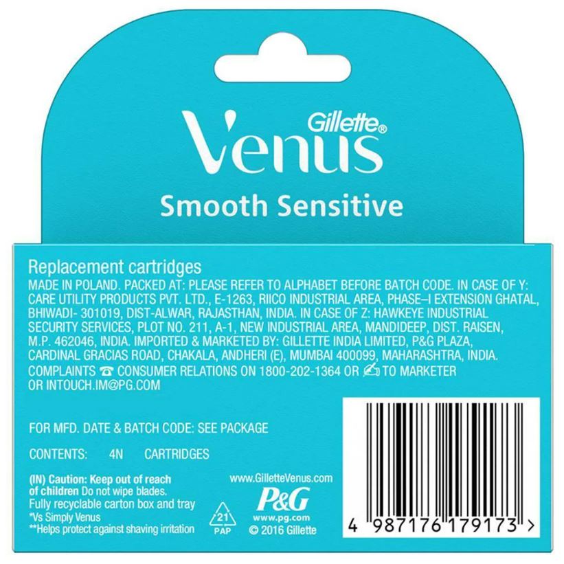 Gillette Venus Smooth Razor Blades - With Aloe Vera Extracts, For Women, 4 pcs