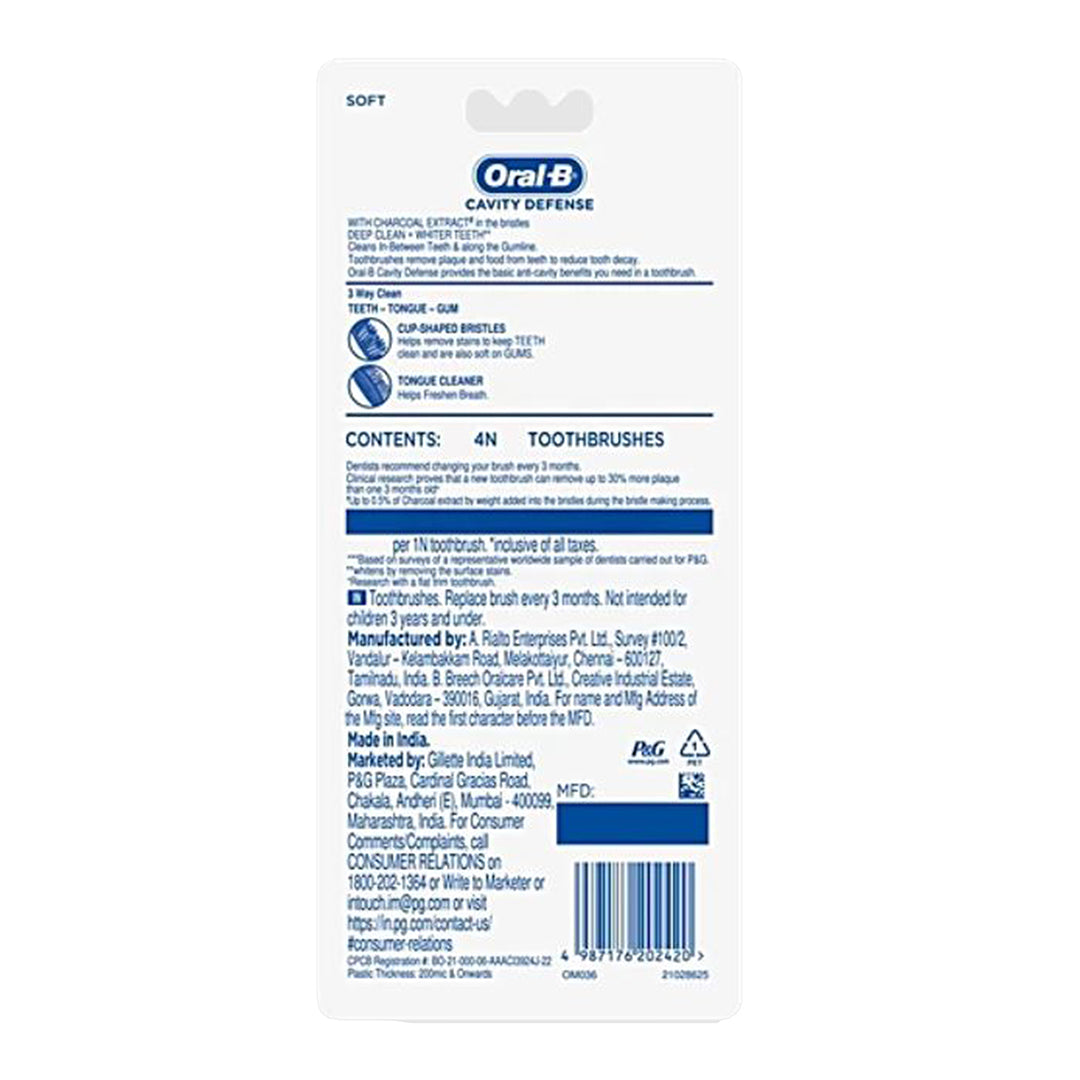 Oral-B Cavity Defense Toothbrush With Charcoal Extract, Soft, Cleans Deep, Removes Stain, 4 pcs