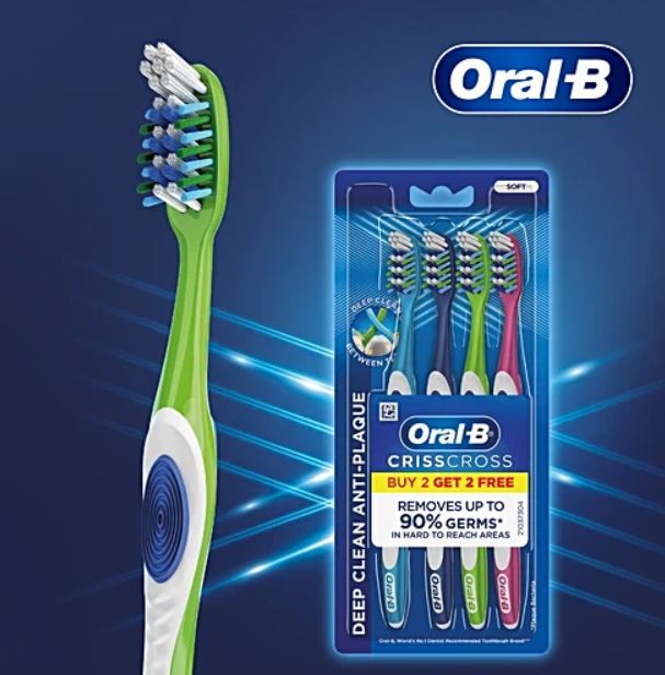 Oral-B Criss Cross Toothbrush - Soft, Anti-Plaque, Removes Up To 90% Germs, Family Pack, 4 pcs