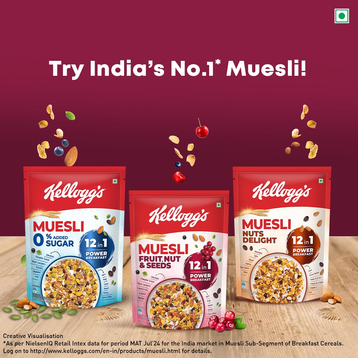 Kellogg's Muesli 0% Added Sugar - 12 In 1 Power Breakfast, 500 g