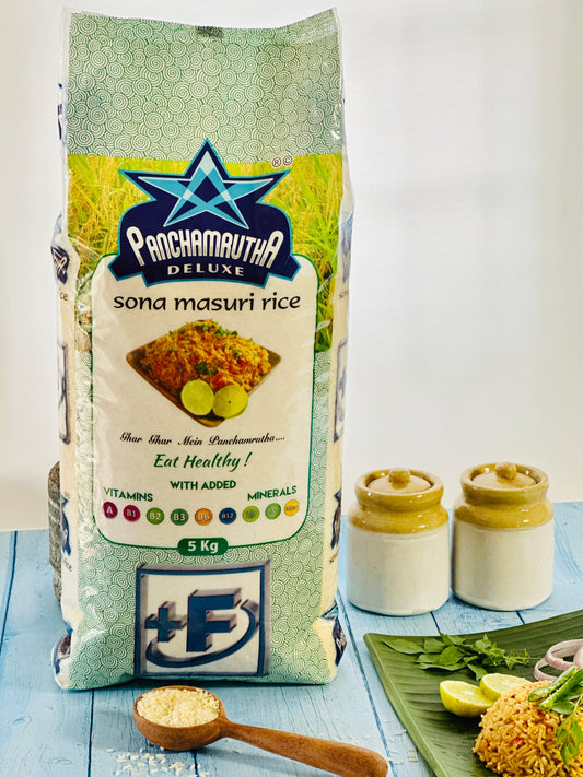 STEAM SONA MASURI RICE ಸ್ಟೀಮ್ ಸೋನಾ ಮಸೂರಿ ರೈಸ್, PANCHAMRUTHA DELUXE +F(FORTIFIED WITH 9 ADDED  VITAMINS & MINERALS)