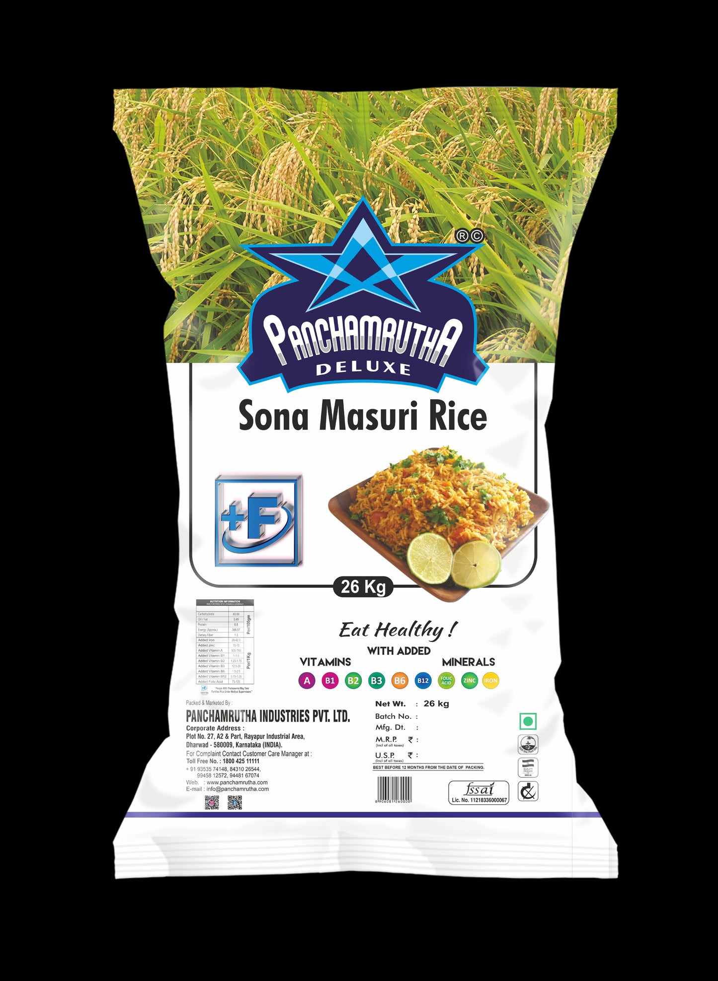 STEAM SONA MASURI RICE ಸ್ಟೀಮ್ ಸೋನಾ ಮಸೂರಿ ರೈಸ್, PANCHAMRUTHA DELUXE +F(FORTIFIED WITH 9 ADDED  VITAMINS & MINERALS)