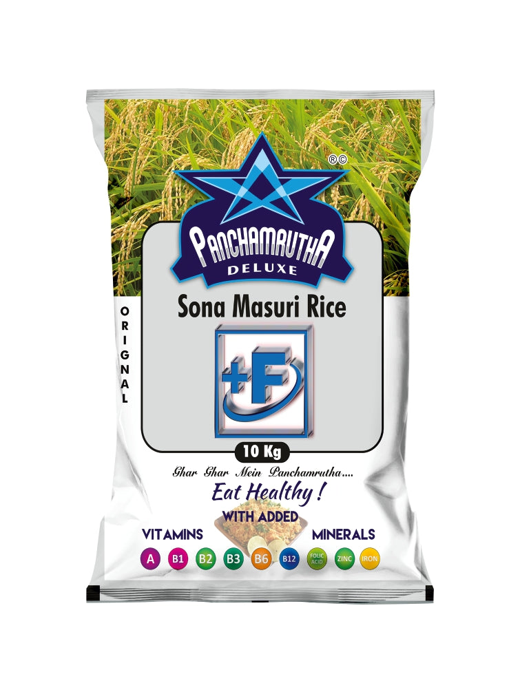 STEAM SONA MASURI RICE ಸ್ಟೀಮ್ ಸೋನಾ ಮಸೂರಿ ರೈಸ್, PANCHAMRUTHA DELUXE +F(FORTIFIED WITH 9 ADDED  VITAMINS & MINERALS)