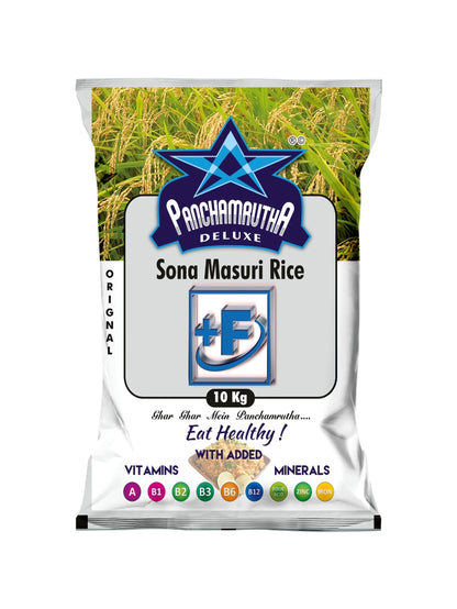 STEAM SONA MASURI RICE ಸ್ಟೀಮ್ ಸೋನಾ ಮಸೂರಿ ರೈಸ್, PANCHAMRUTHA DELUXE +F(FORTIFIED WITH 9 ADDED  VITAMINS & MINERALS)