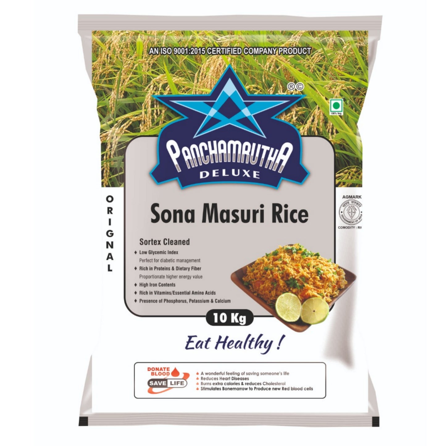 STEAM SONA MASURI RICE ಸ್ಟೀಮ್ ಸೋನಾ ಮಸೂರಿ ರೈಸ್, PANCHAMRUTHA DELUXE +F(FORTIFIED WITH 9 ADDED  VITAMINS & MINERALS)