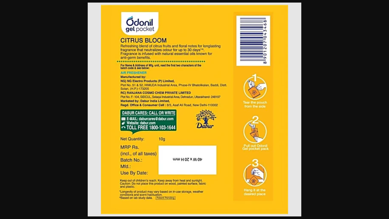 Odonil Gel Pocket - Citrus Bloom, Long-Lasting Fragrance, Provides Germ Protection, 10 g