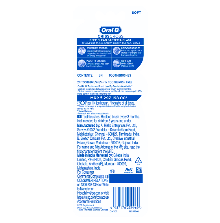 Oral-B Crisscross Bacteria Blast Toothbrush, 3 pcs
